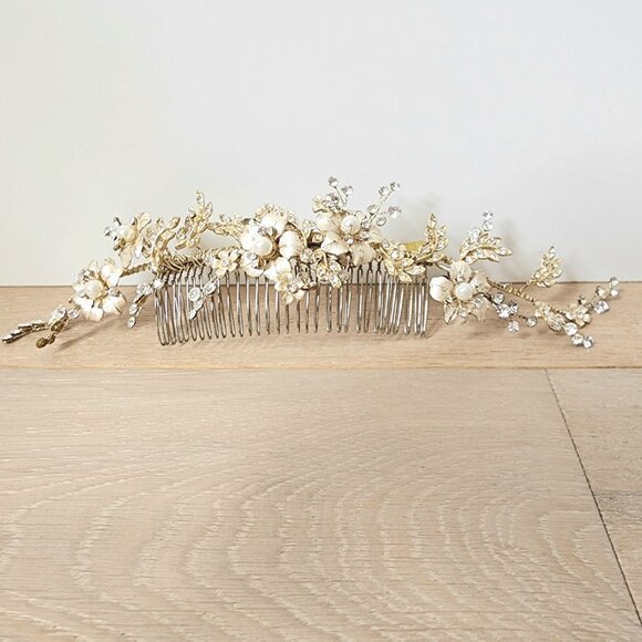 Gold Flower Woodland Pearl Wedding Tiara Hand Made Bridal Hair Piece Tessa Kim main image 10
